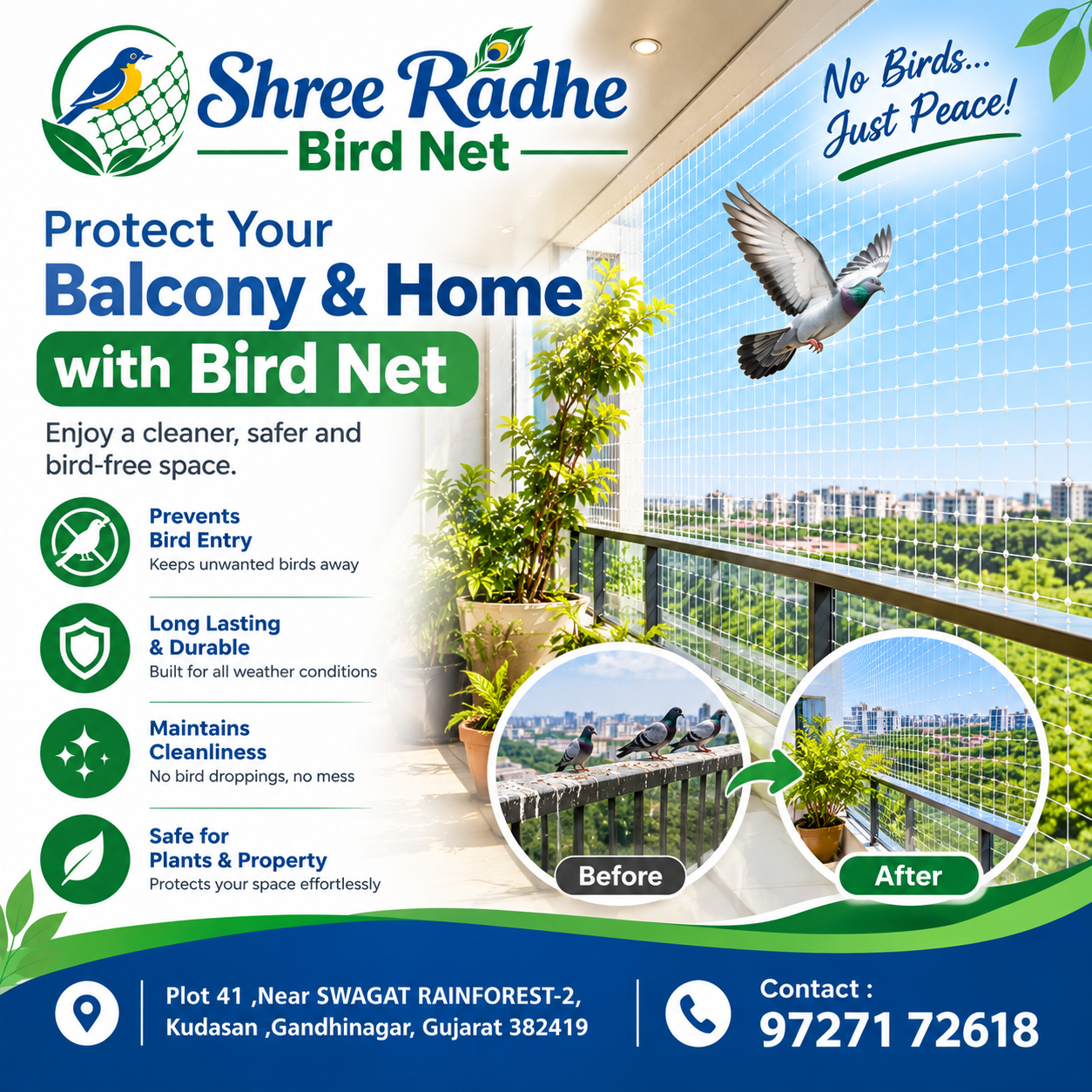 Bird net solution for balconies and homes in Gandhinagar